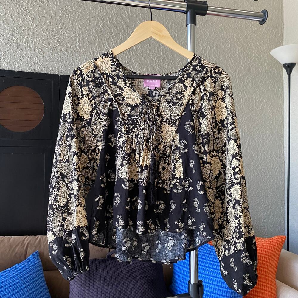 MUSE Paisley Blouse Long Sleeve Tan Black XS Tassels V Neck Peplum Indie Boho